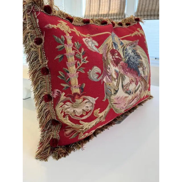 Vintage French Aubusson Style Red Parrot Tapestry Pillow With Velvet Back For Sale - Image 4 of 6