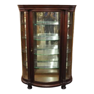 Antique American Empire Victorian Oak Wood Bowed Glass China Cabinet Curio
