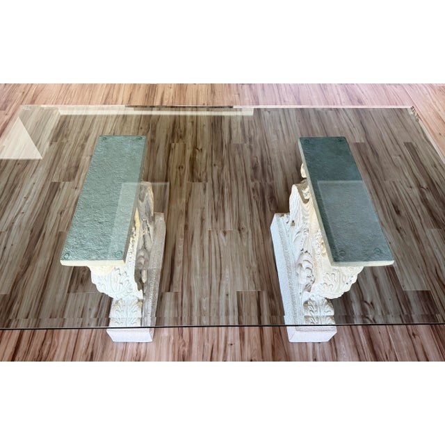 Late 20th Century Large Vintage Stone Double Griffin Pedestal Dining Table With Thick Beveled Glass Top For Sale - Image 5 of 12