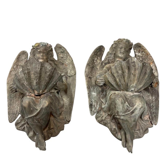 Pair of Vintage Continental Classical Bronze Winged Angel Wall Pockets / Clamshell Holy Water Fonts For Sale - Image 4 of 11