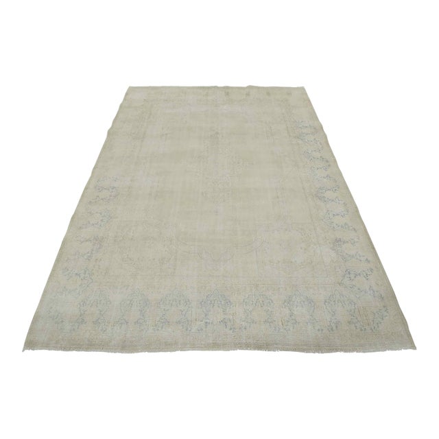 Kerman Rug 9’5” X 12′ Ivory Wool Vintage Distressed Hand-Knotted Carpet For Sale