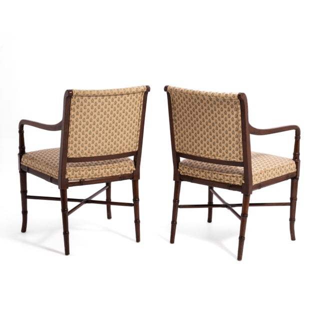 Regency Style Mahogany Bamboo Armchairs With Original Upholstery - A Pair For Sale - Image 4 of 15