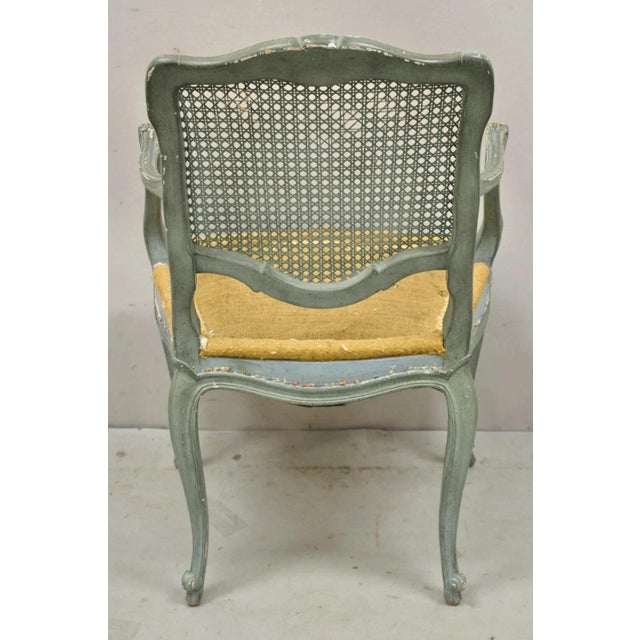 Wood Antique French Louis XV Style Blue Painted Cane Back Fauteuil Arm Chairs - Pair For Sale - Image 7 of 12