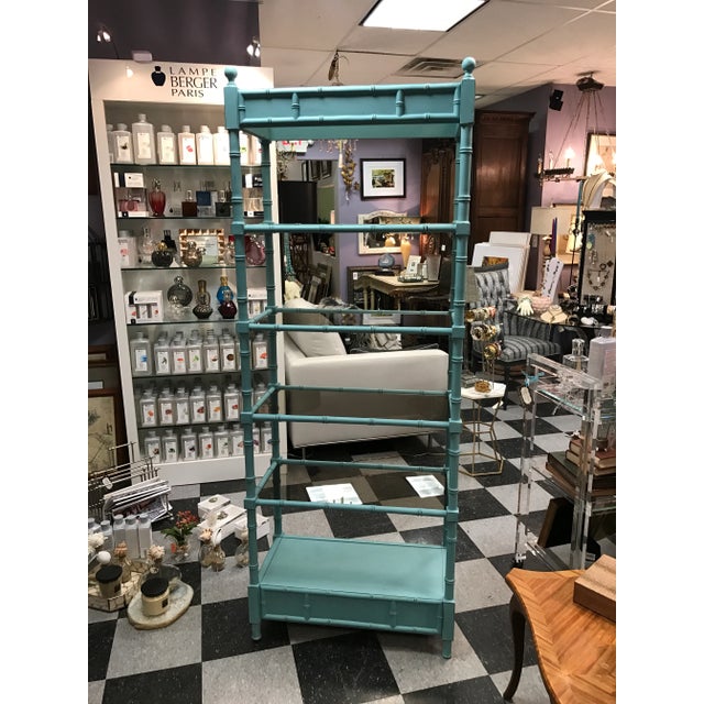 Vintage faux bamboo bookcase/display unit. Recently painted in a robin egg blue with soft distressing at the edges to...