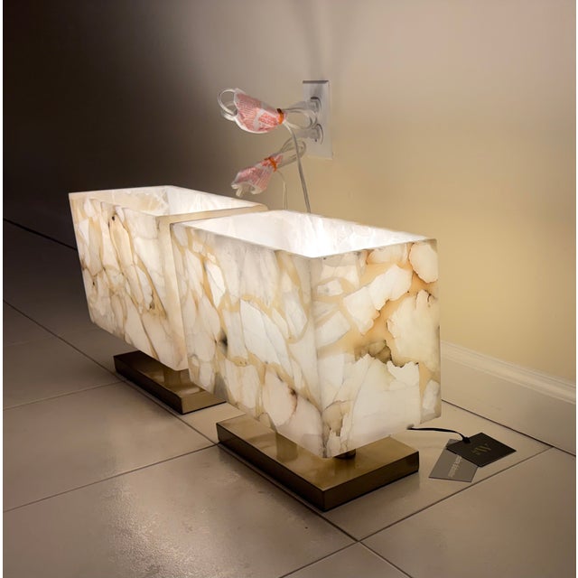 BRAND NEW with Tags Simon Blake Ghost Axis Alabaster Table Lamps. Set of 2. Bulbs included. Height: 11” Width: 12” Depth: 6”
