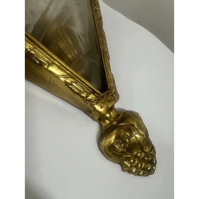 1930s French Art Deco Brass & Frosted Glass Shield Shaped Wall Sconce, a Pair For Sale - Image 11 of 14
