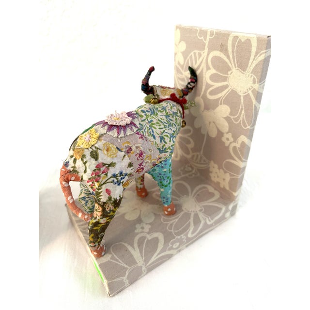 Wood Patchwork Cloth Covered Elephant & Bovine Bookends, a Pair For Sale - Image 7 of 7
