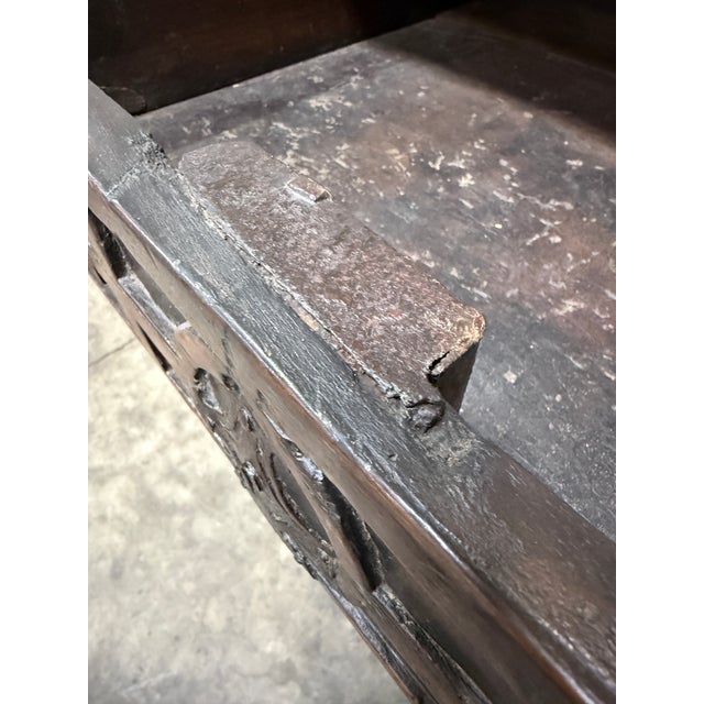 Wood 18th C. Spanish Beautifully Rustic Carved-Wood Trestle-Leg Table With Drawer For Sale - Image 7 of 18