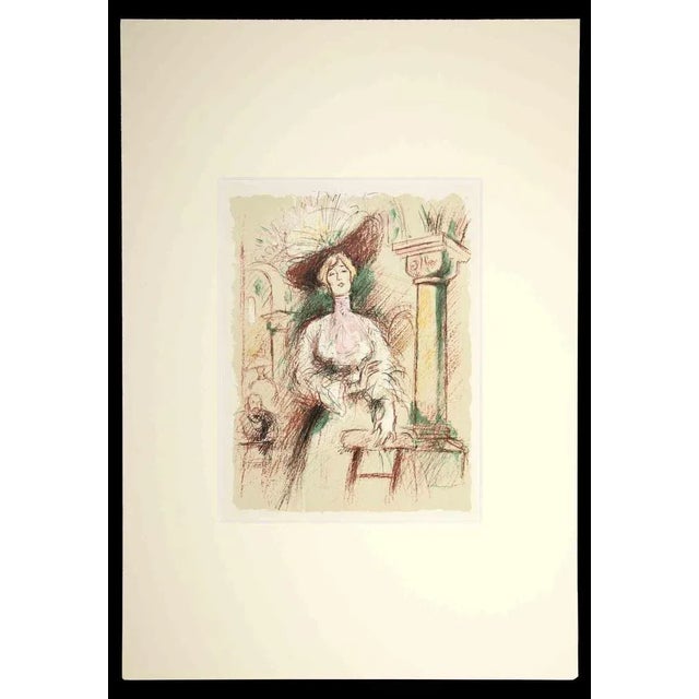 The Devoted Lady in The Garden is an original drawing in Ink and Watercolor in the first half of the 20th Century. Good...