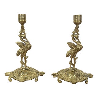 Art Deco Style Heron Candlesticks in Gilded Brass, 1950s, Set of 2 For Sale