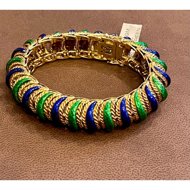 2000 - 2009 18 Karat Yellow Gold 95 Grams and Green and Blue Enamel Bangle or Bracelet For Sale - Image 5 of 18