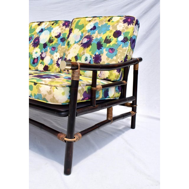John Wisner Ficks Reed Far Horizons Rattan Sofa in Jack Lenor Larsen Upholstery For Sale - Image 9 of 11