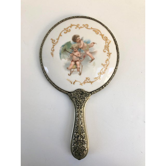 Early 20th Century Vintage French-Style Hand-Decorated Porcelain Putti Hand Mirror For Sale - Image 5 of 6