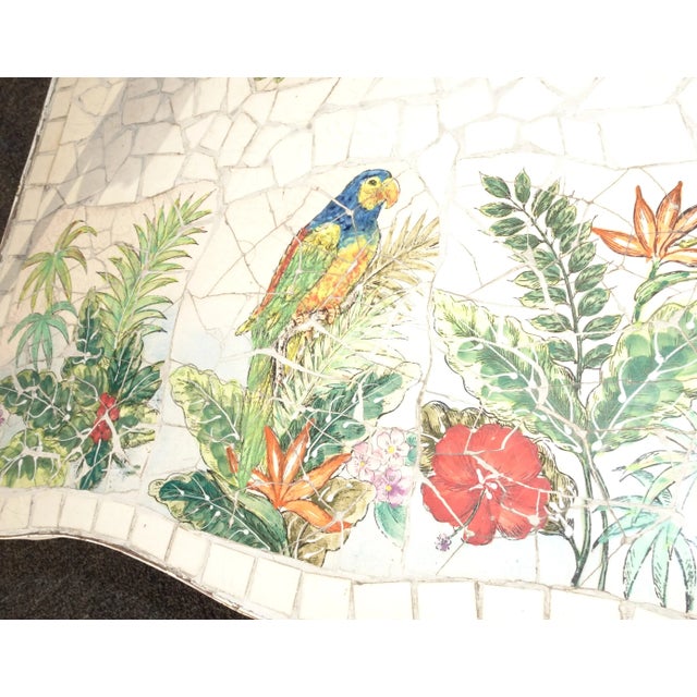 White Vintage French Country White Wrought Iron Tiled Bench W Parrots Two Seater For Sale - Image 8 of 13
