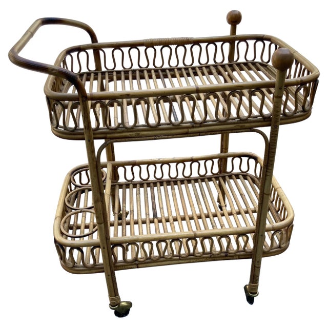 Brown 1950s Italian Rattan Bar Cart For Sale - Image 8 of 8