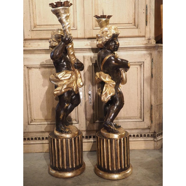 Pair of Italian 18th Century Painted and Gilt Putti With Cornucopia Torcheres For Sale - Image 12 of 13