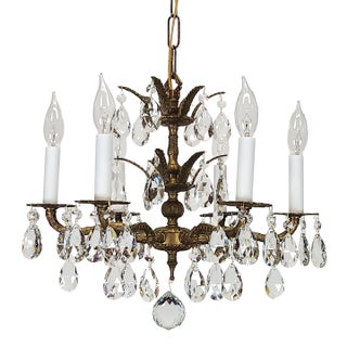 Antique 6 Arm 6 Light Darling Dainty Brass Cut Lead Glass Crystal Chandelier For Sale
