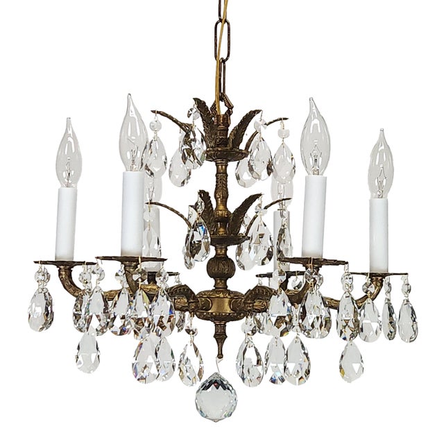 Antique 6 Arm 6 Light Darling Dainty Brass Cut Lead Glass Crystal Chandelier For Sale