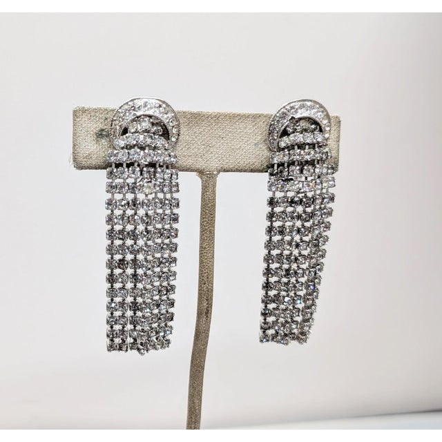 Metal Vintage 1960s Signed Napier Rhodium Plated Clear Rhinestone Chandelier Clip Earrings- 2 Pieces For Sale - Image 7 of 10