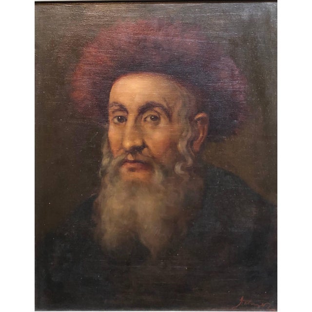 Realistic portrait of an older rabbi visiting and blessing a child in a European marketplace. Here the artist conveys a...