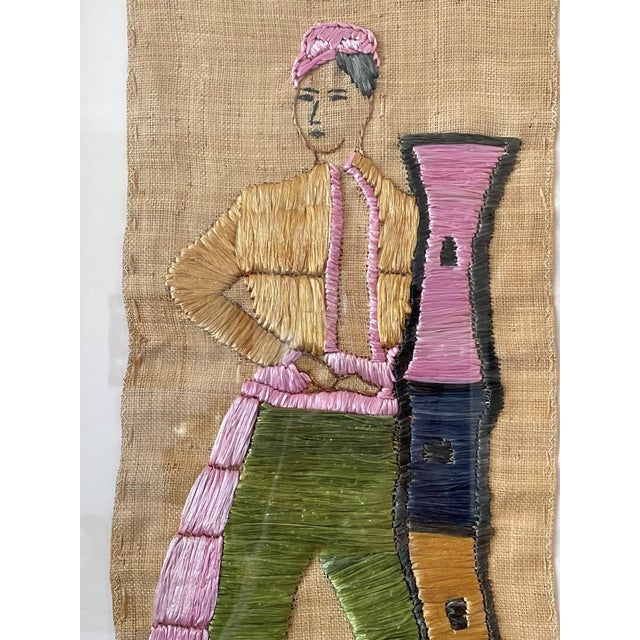 Folk Art Pair of Mid-Century Raffia Textile Panels in Vintage Bamboo Frames For Sale - Image 3 of 3
