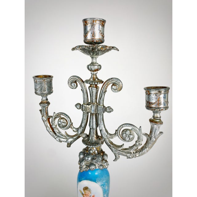 Metal Pair of Antique Signed p.h. Mourey French Victorian Silvered Metal & Sèvres Style Porcelain Three-Light Candelabras For Sale - Image 7 of 12