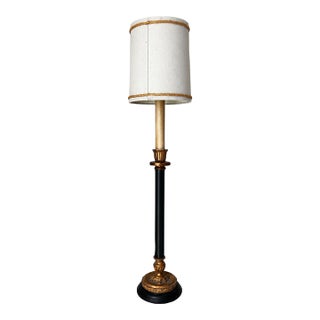 Black and Gold Neoclassical Candlestick Table Lamp With Braided-Trim Shade For Sale