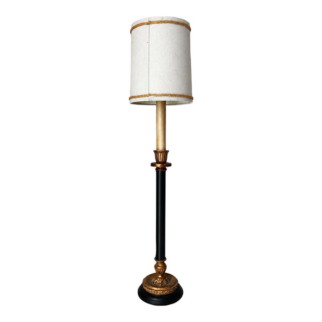 Black and Gold Neoclassical Candlestick Table Lamp With Braided-Trim Shade For Sale
