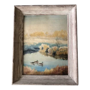1950’s Mid Century Modernist Ducks on Pond Impressionist Landscape Painting Original Modernist Frame