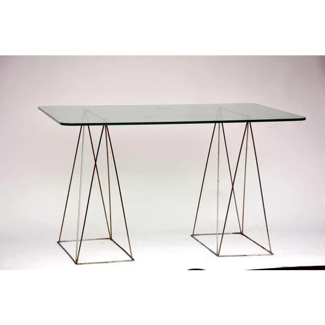 Transparent Minimalist Steel and Glass Trestle Table For Sale - Image 8 of 8