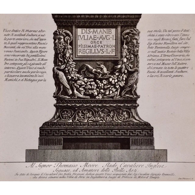 18th Century A Framed 18th C. Etching of an Ancient Marble Vase From Hadrian's Villa by Giovanni Piranesi, 1778 For Sale - Image 5 of 6