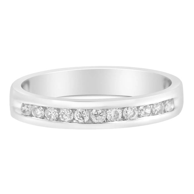Contemporary 18K White Gold 1/4 Cttw Channel Set Brilliant Round-Cut Diamond Classic 11 Stone Wedding Band Ring - Size 5 For Sale - Image 3 of 6