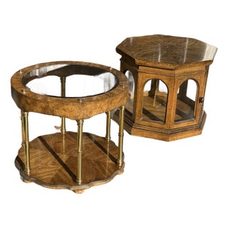 Vintage Burl Wood & Brass Accent Table Pair With Glass Top For Sale