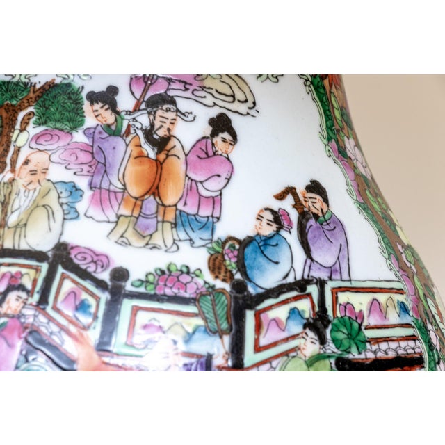Ceramic Chinese Famille Rose Millefleurs Hu-Form Porcelain Table Lamp | Figural Scenes | Mid-20th Century | With Shade For Sale - Image 7 of 13