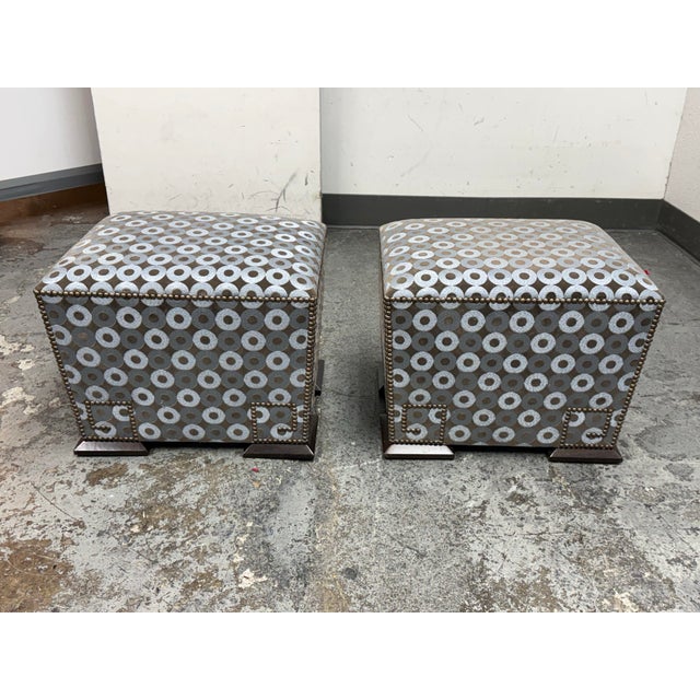 Contemporary Madeline Stuart Greek Key Nailhead Ottomans, Pair For Sale - Image 3 of 12