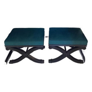 1990s Vintage Ethan Allen X Bench Ottomans Set of 2 Black and Celedon Palm Beach Style For Sale