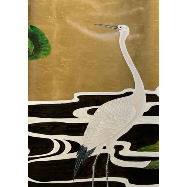 Chinoiserie Gold Leaf Japanese Style Crane & Pine Hand-Painted Wall Panels (Set of 10) For Sale - Image 3 of 4