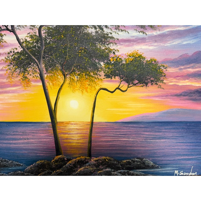 M Gordon Signed Oil Painting Tropical Sunset Seascape Ocean Landscape Framed For Sale - Image 12 of 12