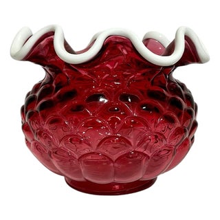 Late 20th Century Fenton Cranberry Glass Vase Jacqueline Pattern With Milk Glass Rim For Sale