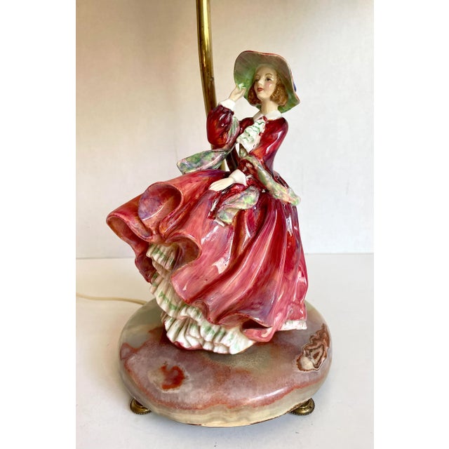 1930s Pair of English Royal Doulton Lady Figurines on Onyx Lamps For Sale - Image 9 of 13