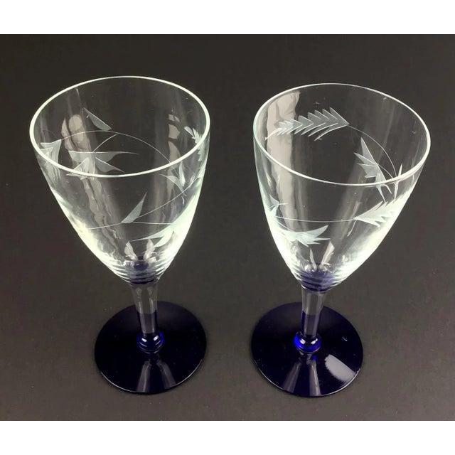 Mid-Century Modern Vintage Etched Cobalt Crystal Stemware - a Pair For Sale - Image 3 of 9