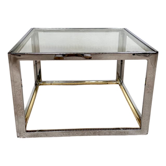 French Cube-Shaped Chrome Side Table with Glass Top and Brass Details from Maison Charles, 1970s For Sale