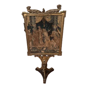 Antique Italian Carved Giltwood Fire Screen With Scenic Needlepoint Tapestry & Figural Bird Feet