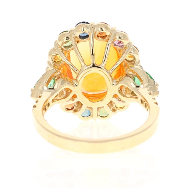 6.74 Carat Fire Opal Sapphire Diamond 14 Karat Yellow Gold Cocktail Ring Size 7 For Sale In Los Angeles - Image 6 of 8