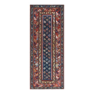 1890s Blue Navy Geometric Antique Caucasian Talish Rug 3'8" X 9'4" Handknotted Wool Carpet For Sale