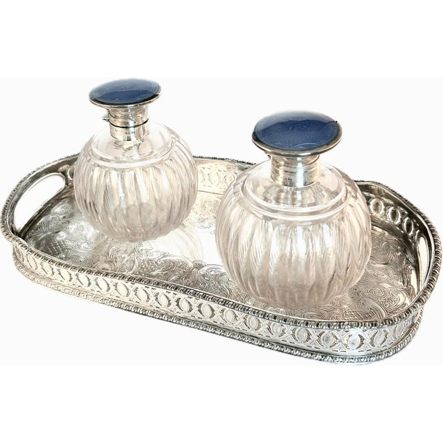 Pair of Antique Henry Clifford Davis Sterling Silver & Blue Guilloche Enamel Vanity Bottles, Birmingham 1919 For Sale - Image 17 of 17