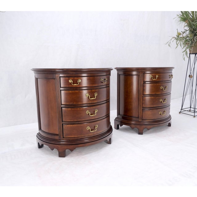 Pair of 4 Drawer Banded Top Demi Lune Consoles Dressers Brass Drop Pulls MINT! For Sale - Image 12 of 16