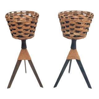Pair Mid-Century Woven Basket Planters on Tripod Stands For Sale