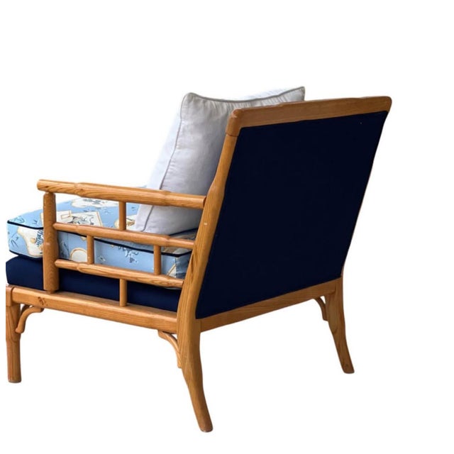 Coastal Faux Bamboo Lounge Chair Custom Upholstered in Scalamandre For Sale - Image 3 of 10