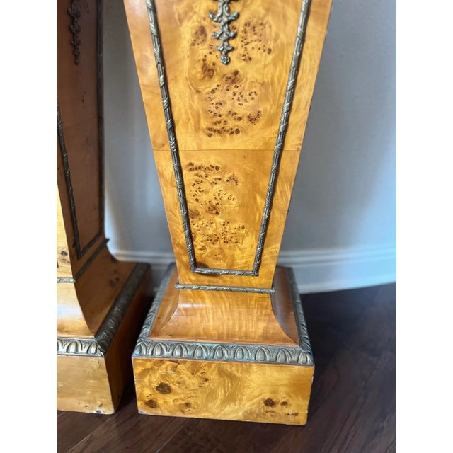 Wood French Regency Style Pair of Burlwood Veneer Pedestal With Marble Top and Lion Head Brass Detail For Sale - Image 7 of 13